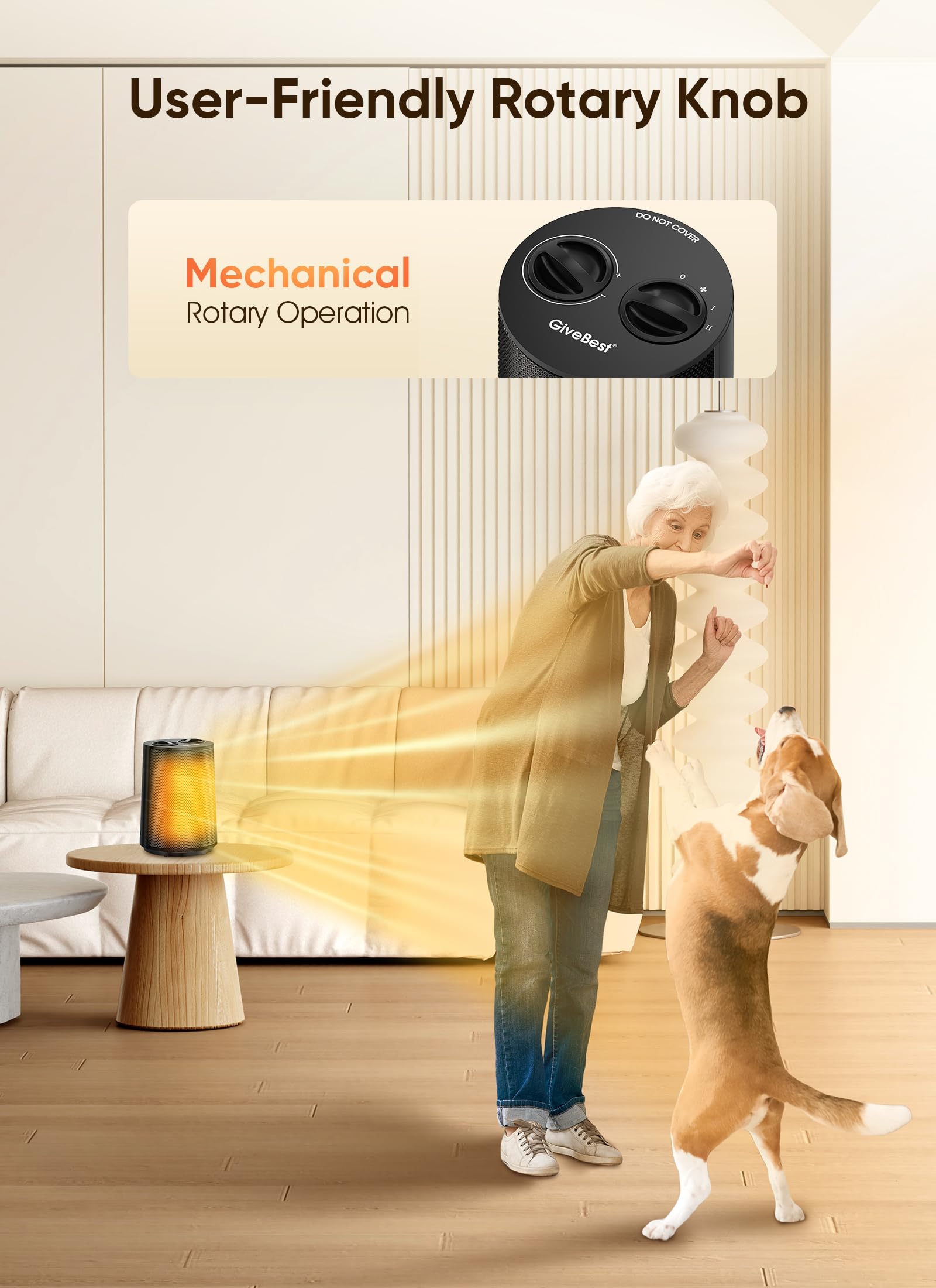 GiveBest Space Heater, 1500W Portable Heaters for Indoor Use, PTC Ceramic Heater with Heating and Fan Modes, Overheat & Tip-Over Protection, Ideal for Bedroom, Office & Desk Use, Black