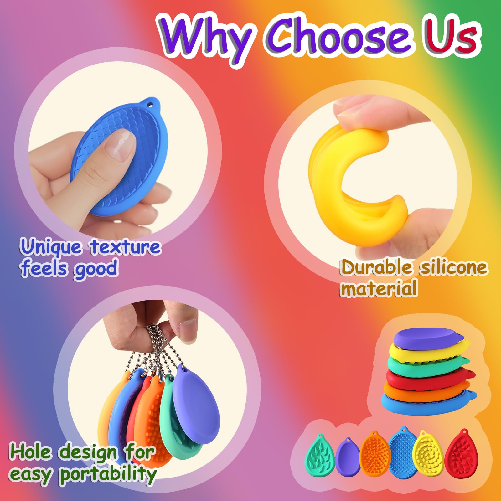 Echehi 6 Pieces Sensory Toys for Kids Adults 10 Different Tactile and Visual for Relieve Anxiety Silicone Sensory Stone with Holes for Easy Carrying - Image 3