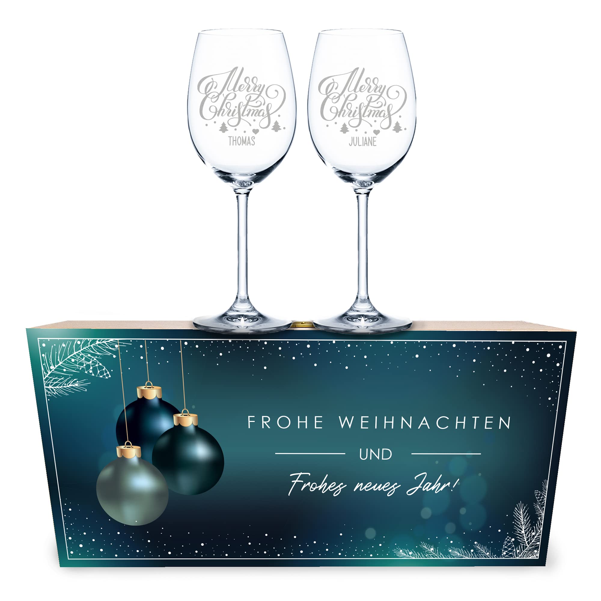 GRAVURZEILE Leonardo Calici da vino – Merry Christmas Lettering Design – Incisione con nome a scelta – Scatola in legno con design natalizio blu – Regalo di Natale per famiglia, amici e partner