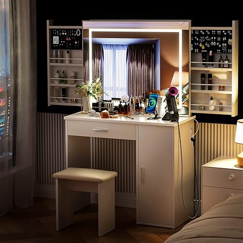 Miniatura 8 de SMOOL Makeup Vanity Table with Large Lighted Mirror, LED Vanity Desk with Slidding Storage, 1 Drawer &amp; Cabinet,for Bedroom(White)