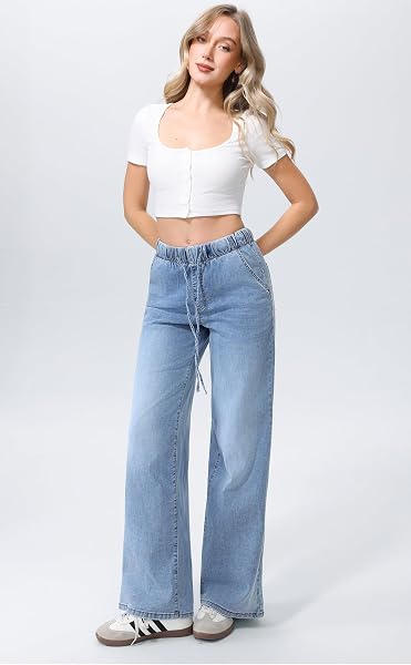 Jeans Donna Vita Elasticizzata con Coulisse Gamba Larga Denim Lavaggio Chiaro Casual Morbidi Tempo Libero - 3