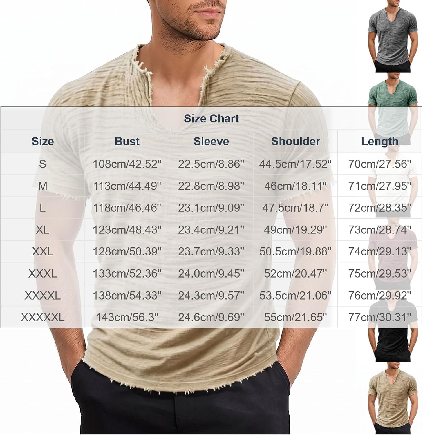 Mens V Neck Short Sleeve T Shirt Distressed Casual Raw Cotton Tee Summer Beach Streetwear Top for Vacation Wear