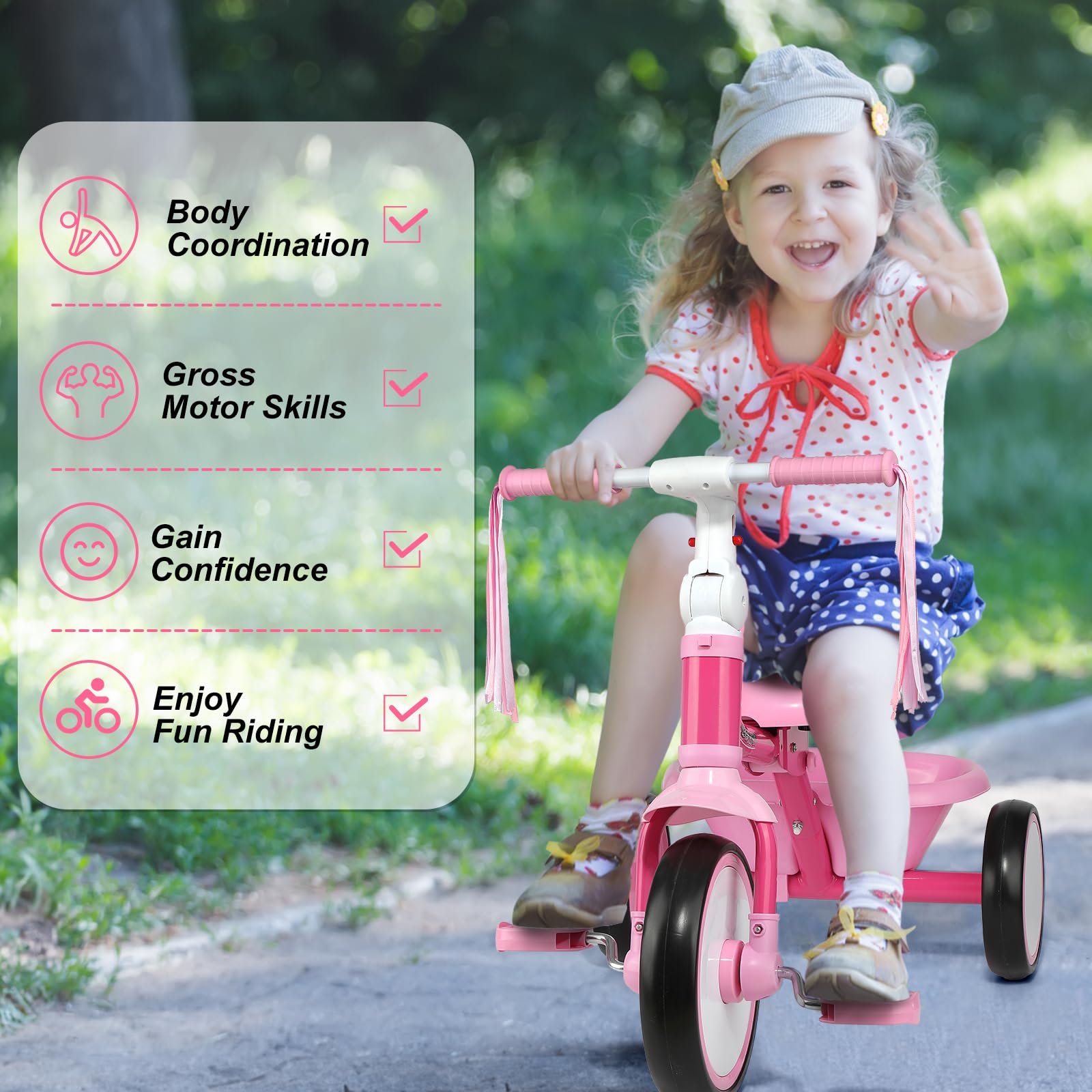 Triciclo plegable para niños de 2, 3 y 4 años, triciclo para niños con asiento ajustable, cesta y serpentinas, juguete de 3 ruedas para montar en bicicleta, regalo de cumpleaños para niñas y 5