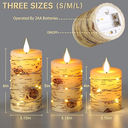 Miniatura 8 de Velas LED sin llama, pintadas a mano, efecto de corteza de abedul, juego de 3 velas empotrables (H4, 5 pulgadas, 6 pulgadas), pilar de cera real