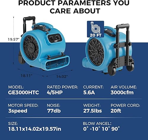 Miniatura 9 de ALORAIR Ventilador Soplador Movedor de Aire de 3000 CFM para Industrial, Ventilador de Secado de Pisos, Secadora de Alfombras - Temporizador, Mango