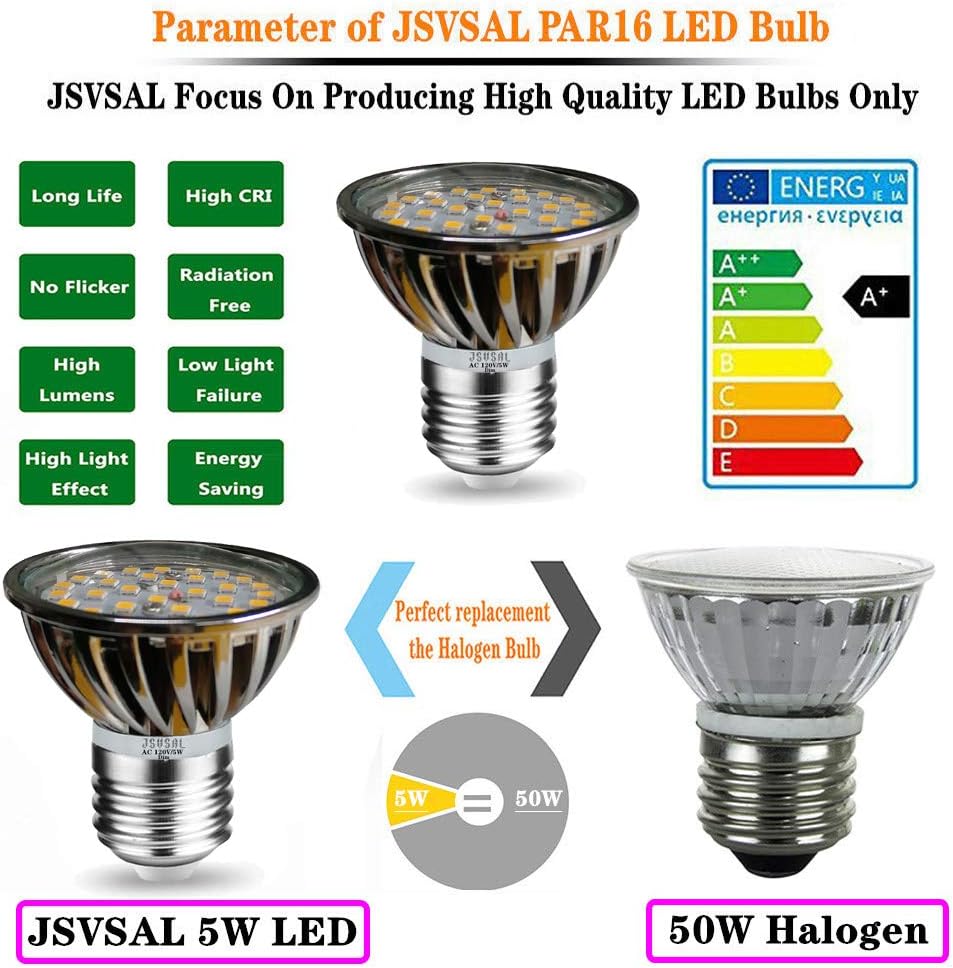 JSVJSVSAL PAR16 E26/E27 JDR LED Short Neck Bulb,Dimmable,5W AC 120V,35W-50W Halogen Bulbs Replacement,Aluminum Casing,500lm,2700K Warm White,120 Degree Wide Beam Floodlight Bulb,6-Pack