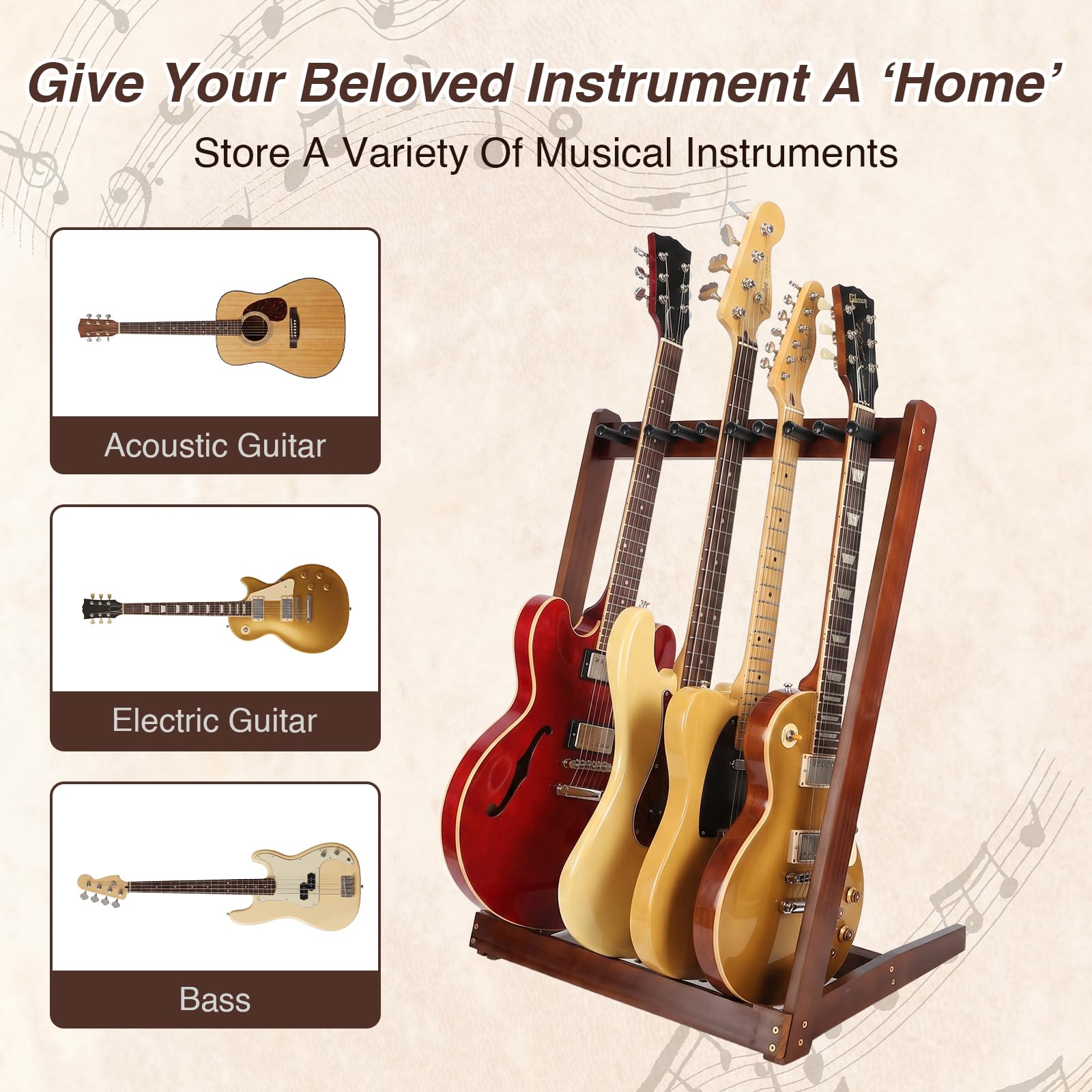 Soporte de madera para 5 guitarras, pie en el suelo, soporte múltiple para guitarra, soporte múltiple para exhibición para estudio y hogar, adecuado para guitarras eléctricas, Akusti