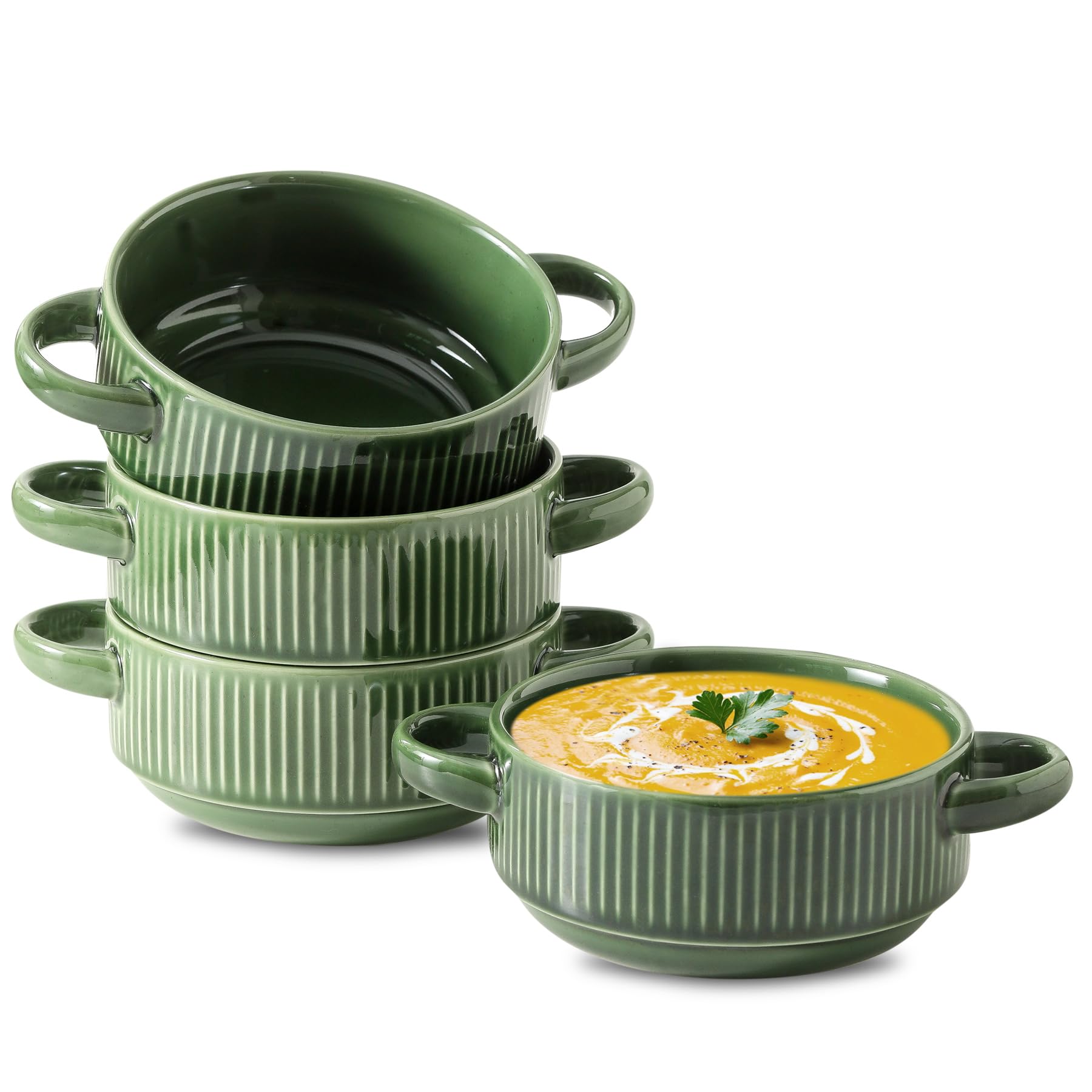 View 1 of ***STOCK PHOTO FOR REFERENCE ONLY***
Howise Soup Bowls with Handles, 23 oz French Onion Soup Crocks, Stackable Soup Bowl Oven Safe for Chili, Beef Stew, Embossment Ceramic Bowl Set - 5.4 Inch, Set of 4 (Green)