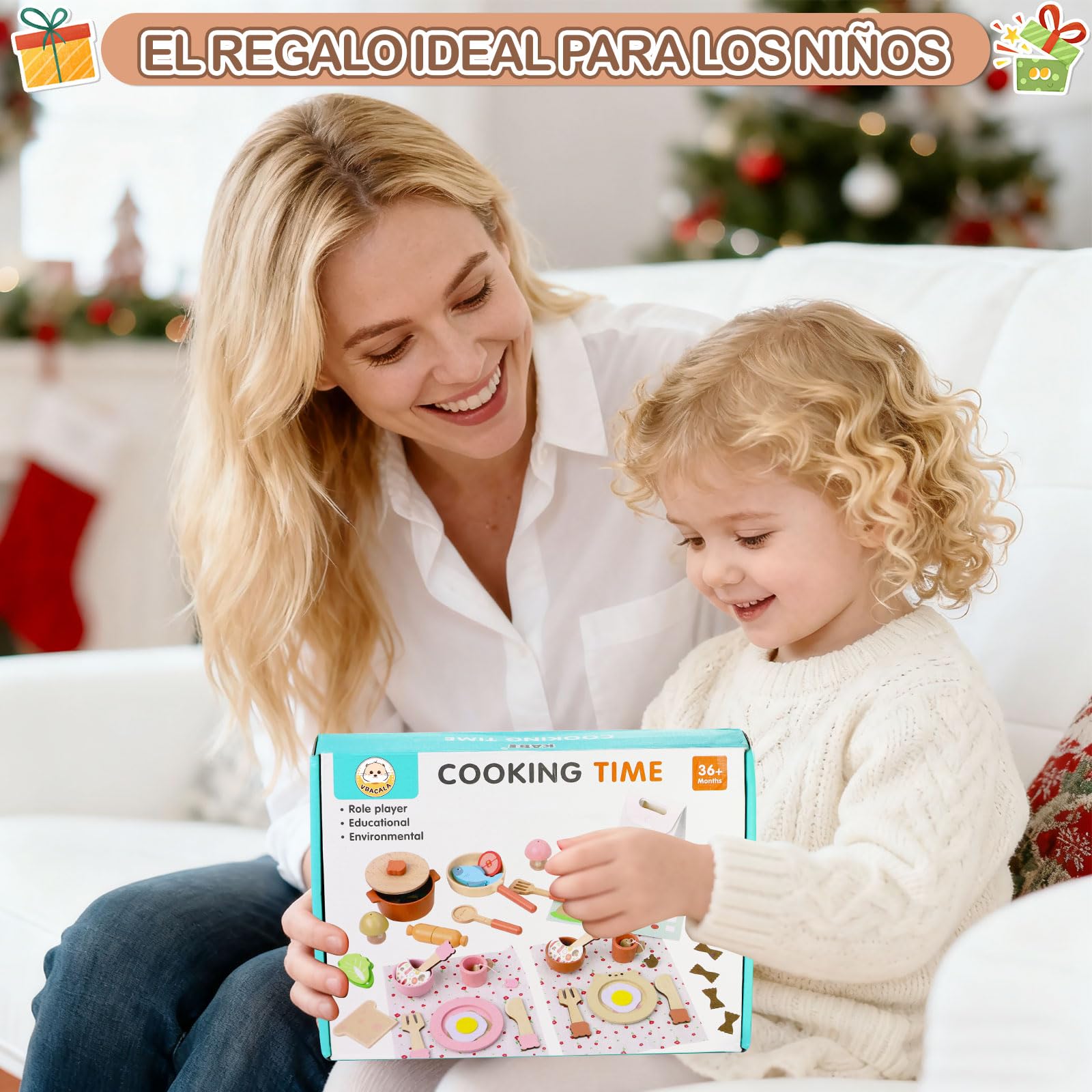 VBACALA Accesorios Cocina Juguetes para Niños,46 Piezas Cocina Juguete Madera con Ollas,Vajilla,Alimentos Cortables,Bolsa de Almacenamiento,Regalo Juego de rol de Cocina para 3+ Años Niños y Niñas