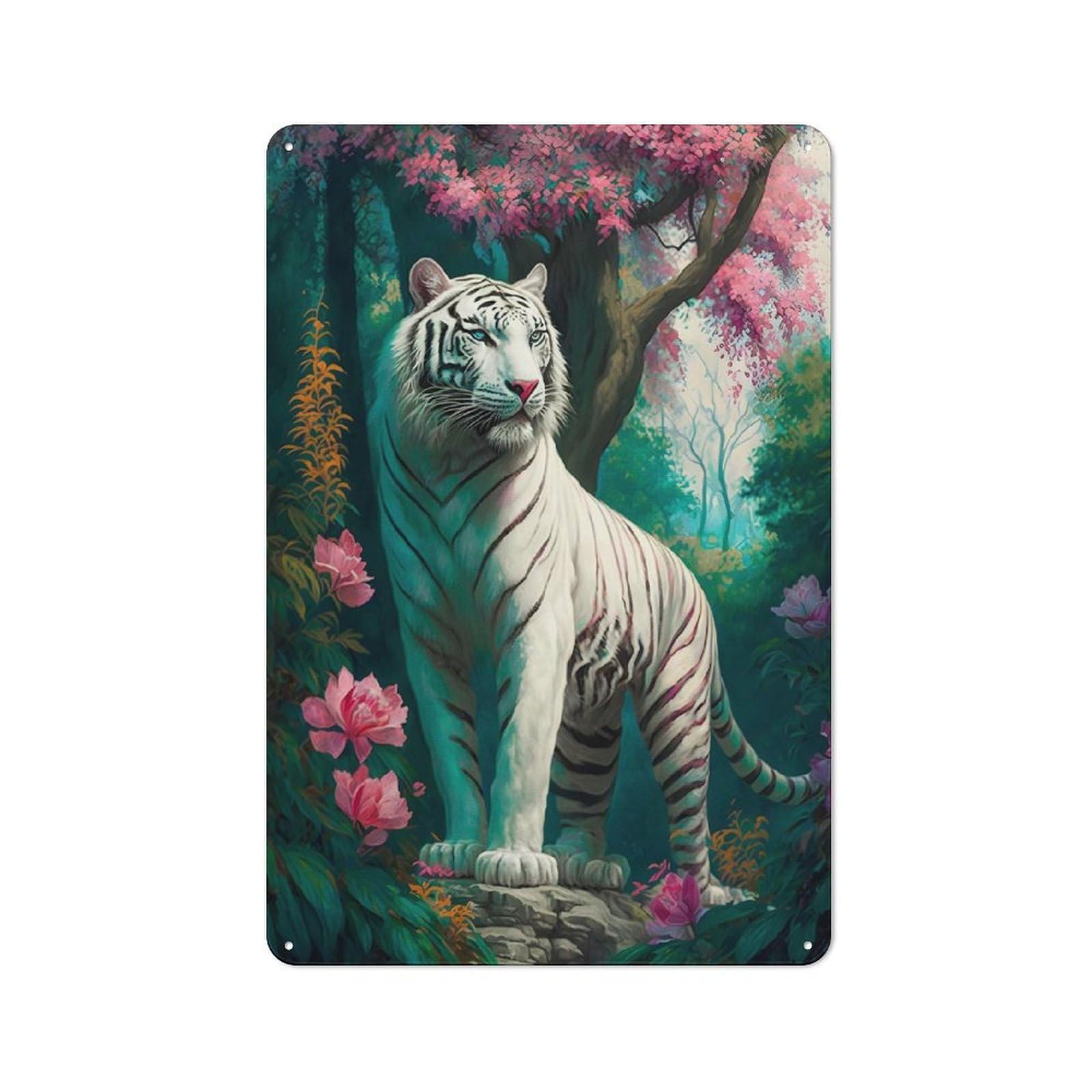 Junmoney White Tiger Rustic Tin Sign 30X20cm For Garden Room Or Summerhouse, New-Space Wall Decor For Garden Room Decor Fans