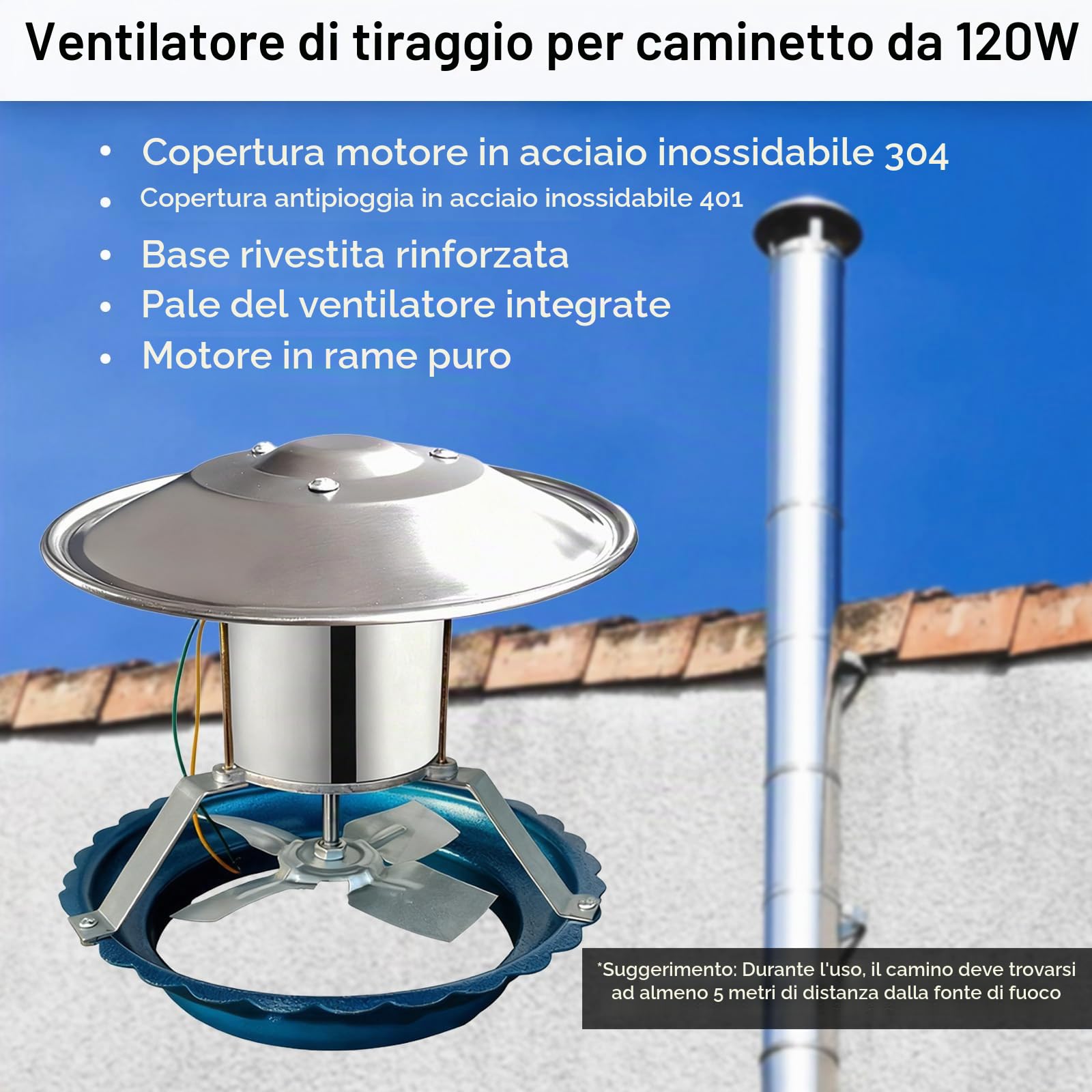 120W Aspiratore Fumo, Grande Ventilatore per Camino Ventola Aspirazione da 17,5-24 cm Aspiratore FuMi per Camino con 4 Pale Silenzioso Aspira Cenere Camino