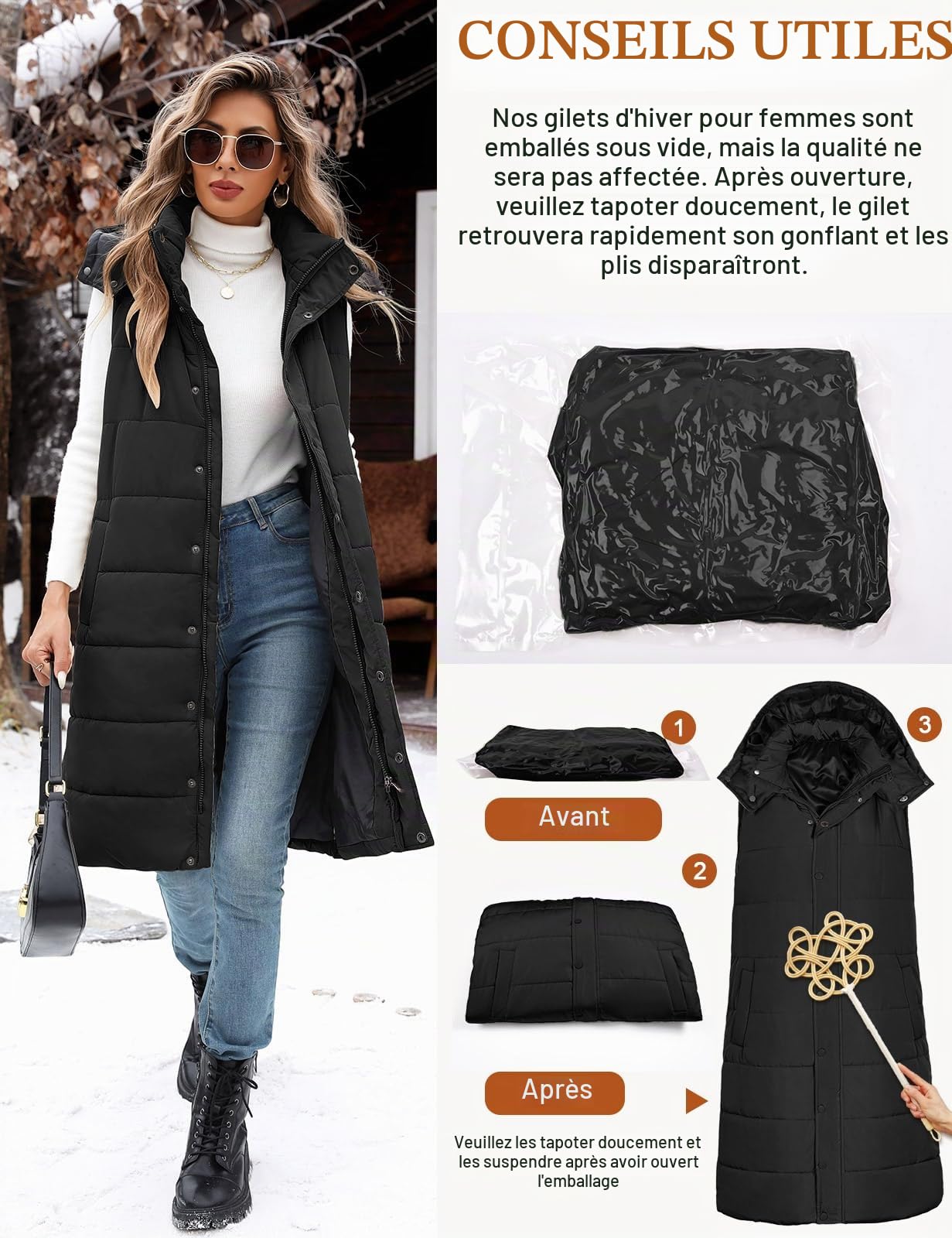 Tuopuda Doudoune sans Manche Femme, Veste Longue sans Manche Manteau sans Manche Automne Hiver Chaud Gilet sans Manche à Capuche Zippée Hooded Coat Matelassé Légère Waistcoat avec Poches