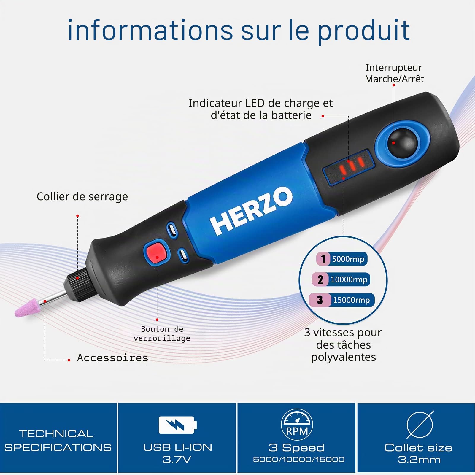 HERZO Outil Rotatif Electrique sans fil Li-Ion (3.7V), 32 pcs Accessoires，recharger par USB, Mini Outil avec 3 Vitesses 5000-15000tr/min Multifunction, pour sculpter/couper/polir