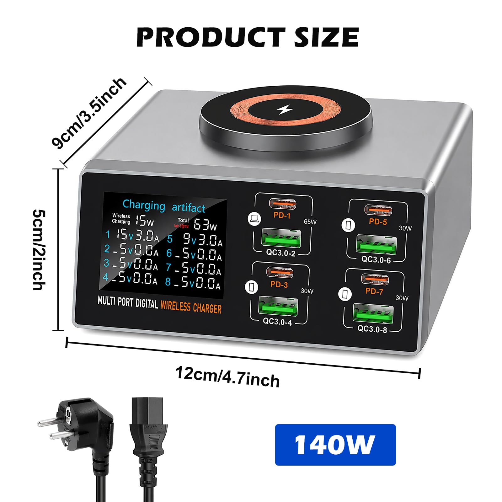 Chargeur Intelligent Multifonctionnel 140 W avec indicateur d'absorption magnétique, Chargeur USB-C 8 Ports avec PD 3.0 et QC 3.0 (65 W), Chargeur sans Fil magnétique, écran LCD