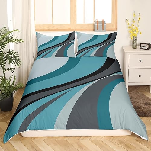 Miniatura 2 de Juego de funda de edredón moderna de color azul y gris, tamaño King, elegante juego de ropa de cama de decoración turquesa, funda de edredón de