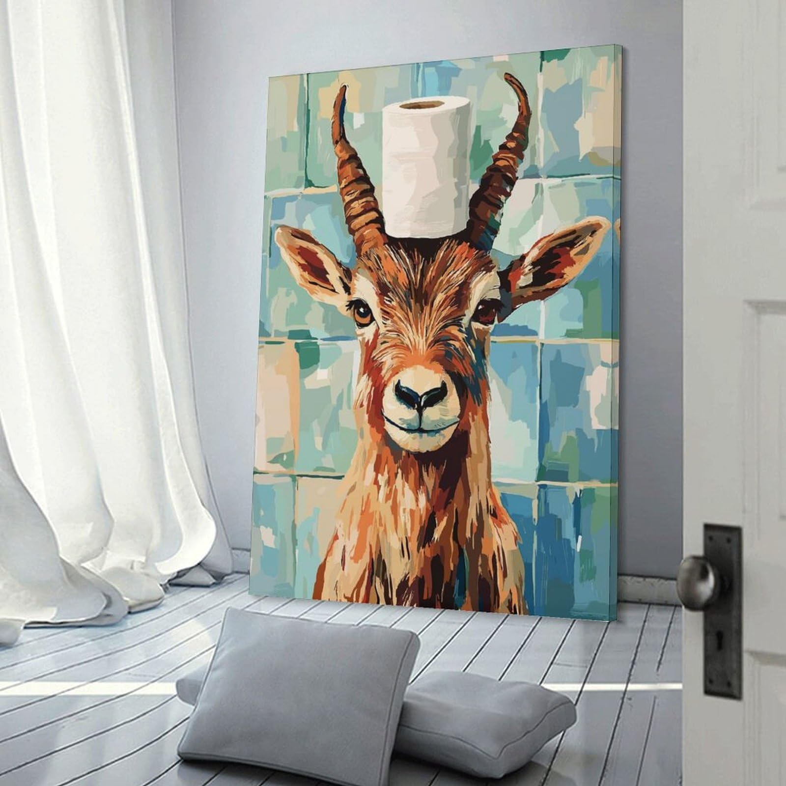 Junmoney Frame-Style-19 Canvas Wall Picture Antelope With Toilet Paper On Head, 24X36inch(60X90cm), For Bedroom, Lounge Or Dressing Area, Stylish Decor For A Restful Room Update