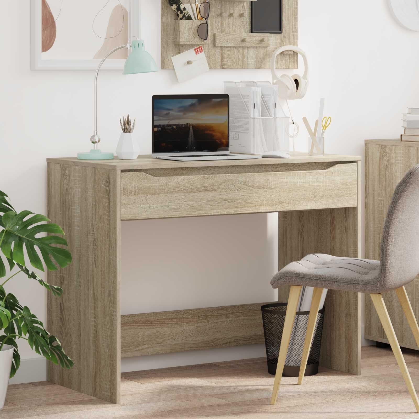Scrivania in legno di rovere Sonoma, 100 x 50 x 78 cm, con cassetto, postazione di lavoro per ufficio, casa, studio, mobile per postazione di lavoro organizzata e arredamento da ufficio