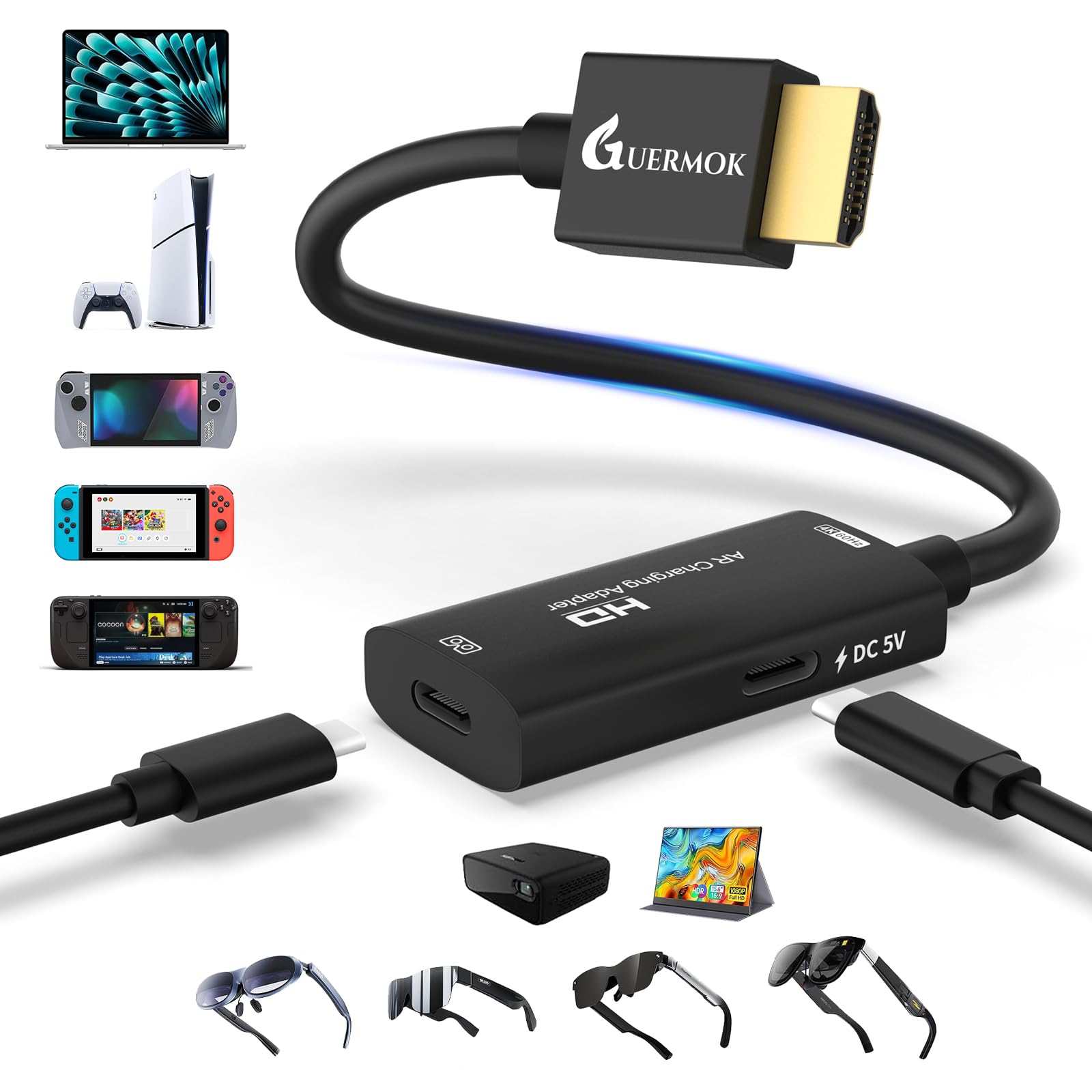Guermok Adaptador HDMI a USB-C para gafas AR, convertidor AR 4K@60Hz con carga y puerto DC 5V – Compatible con XREAL One/Air 2 Pro, RayNeo, Rokid, Switch2/1, Xbox1, PS4/5, monitores portátiles (Negro)