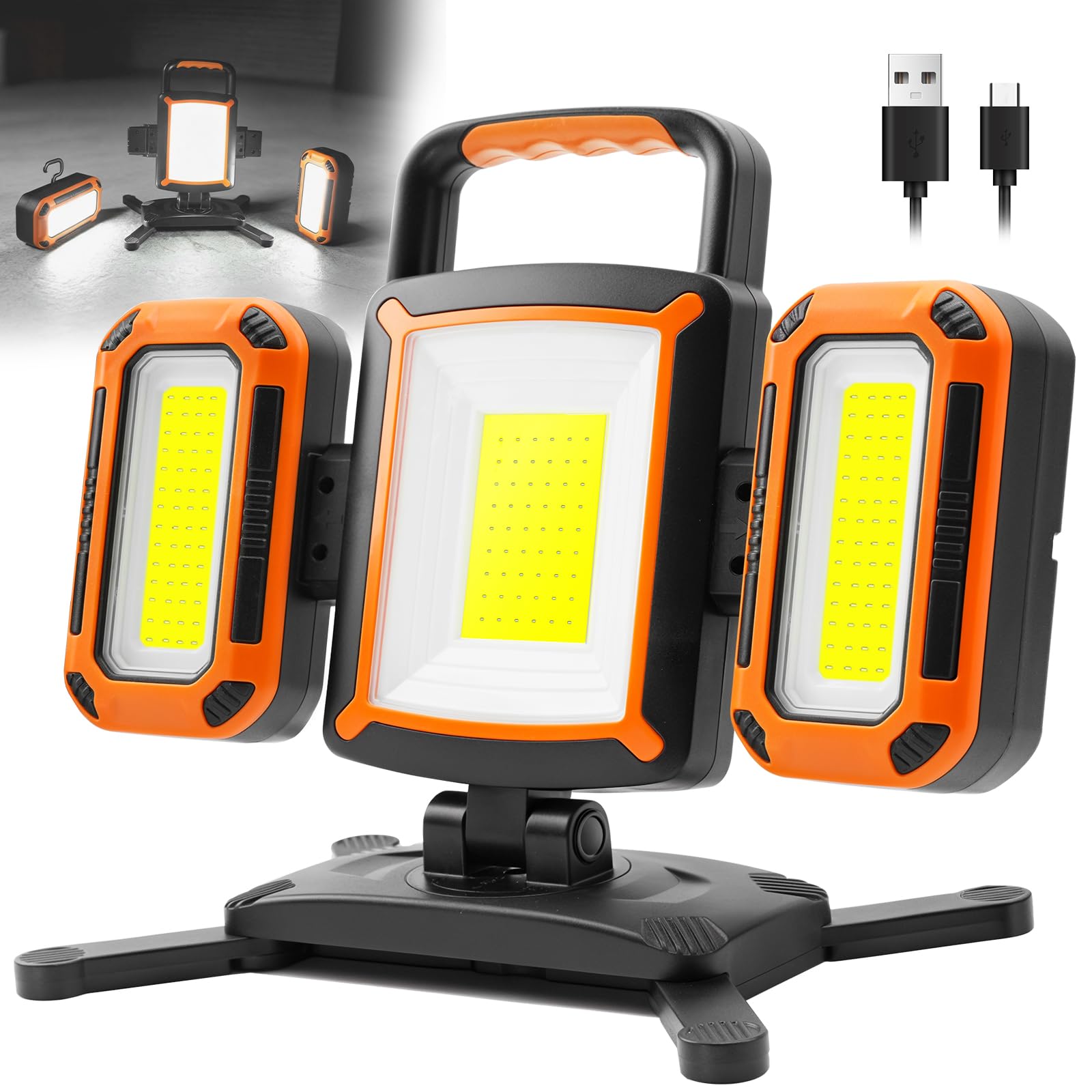 SYLSTAR 3-IN-1 Rechargeable Work Light 5000LM, LED Magnetic Work Light with Two Detachable Floodlight, 9 Modes, 360° Rotatable Foldable Portable Worklight IP65 with Hook for Garage,Car Repair,Workshop