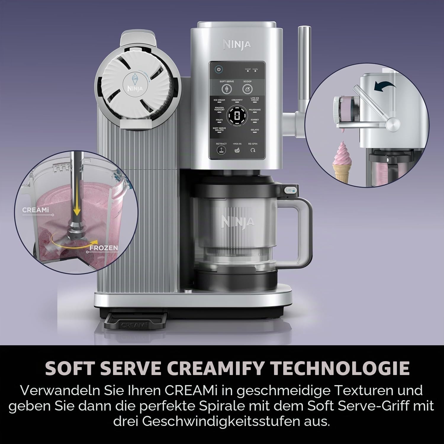Ninja CREAMi Scoop and Swirl Soft Serve und Eismaschine mit 2x Dosen, 13 Funktionen, macht Eis, Softserve, Gelato, Sorbet, Milchshakes und mehr, Mix-In Option, Platinum Silver, NC701UK
