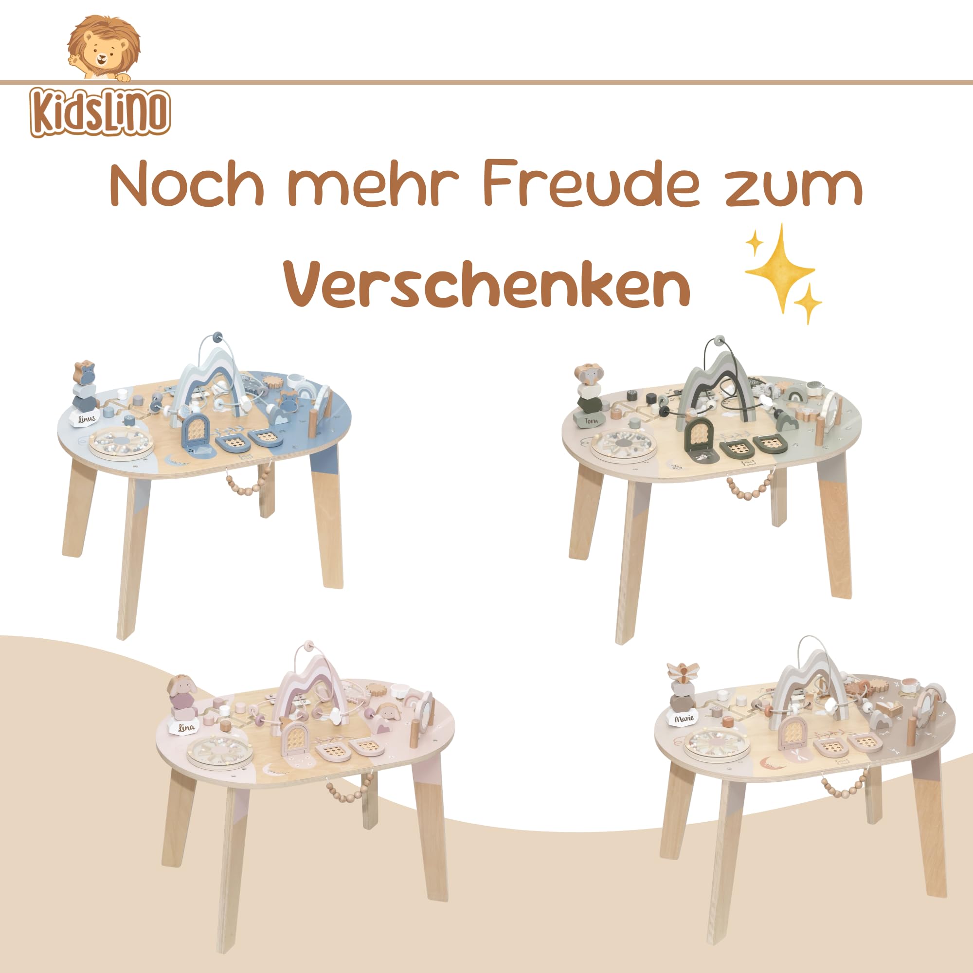Spieltisch ab 1 Jahr aus Holz personalisiert – 2in1 Motorikspielzeug & Motorikwürfel – Montessori Lernspielzeug Baby – Steckspiel & Aktivitätstisch – Holzspielzeug ab 12 Monate Junge & Mädchen Nougat