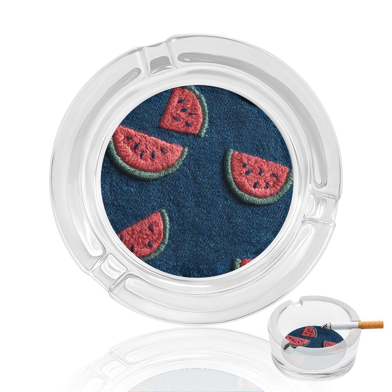 Denim Fabric with Embroidered Watermelons Glass Ashtray for Cigarettes Portable Decorative Ash Trays for Home Office Decor