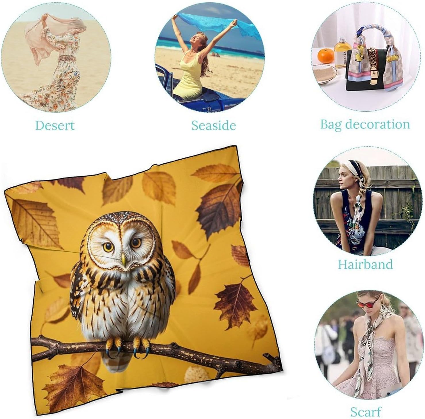 Owl Branch Hair Scarf for Women, Lightweight Square Head Shawls for Men, Fashion Neckerchief for Travel, Hair Bandanas, Silk Satin Neck Scarf for Sleeping, 27 Inches