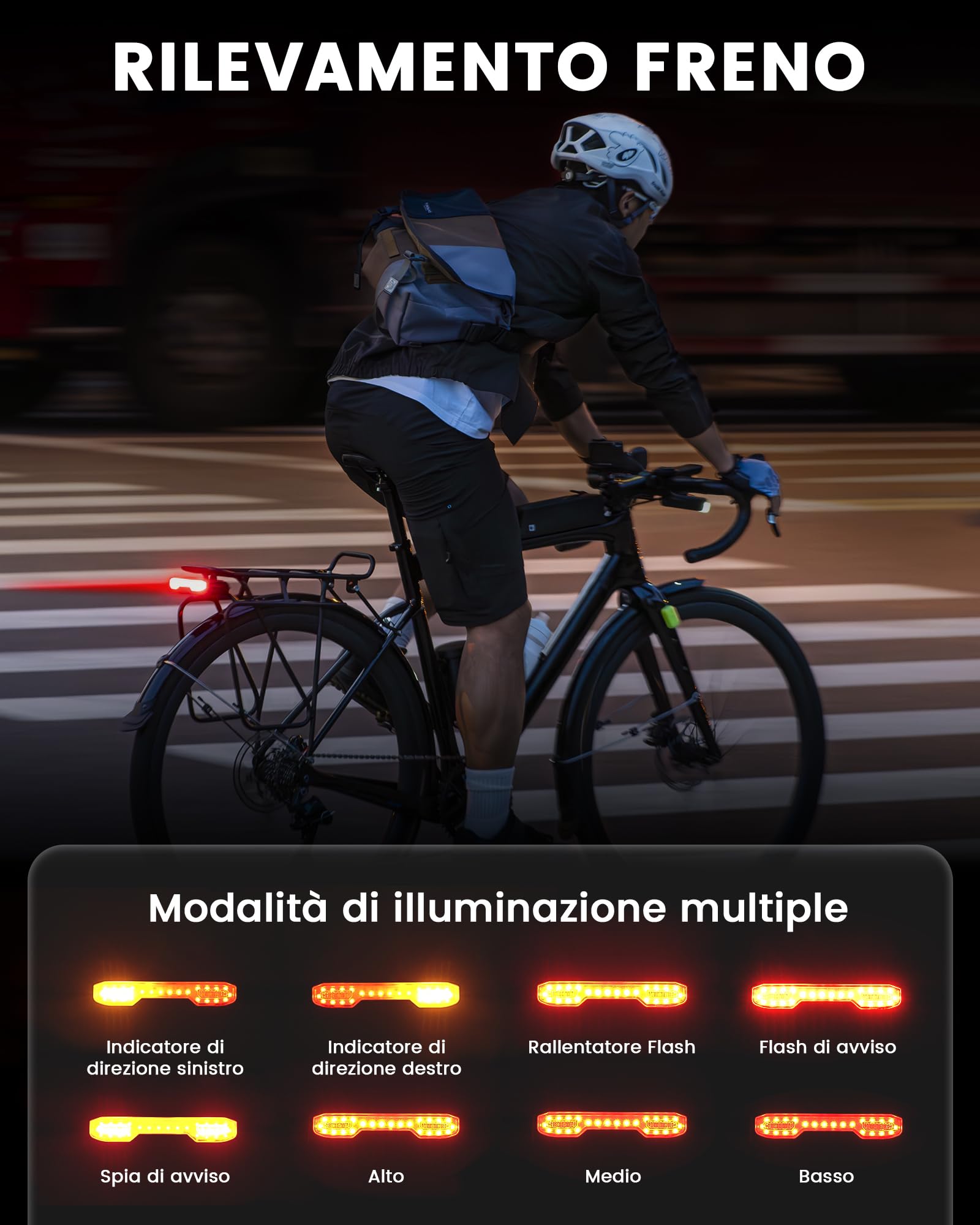 RAVEMEN NT101 Fanale Posteriore Intelligente per Bicicletta con Segnale di svolta, 6 modalità Impermeabile Luce Posteriore di Avvertimento con Telecomando