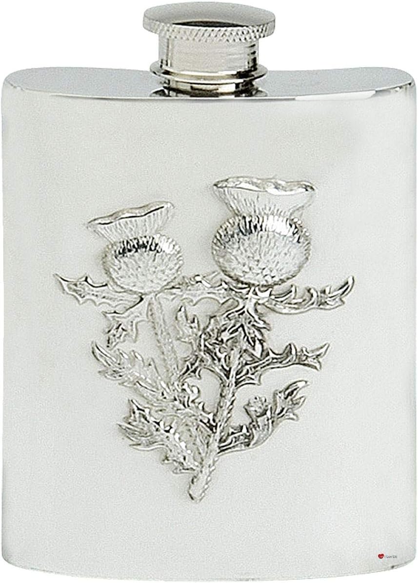 Scottish Thistles Hip Flask 6oz Fine English Pewter
