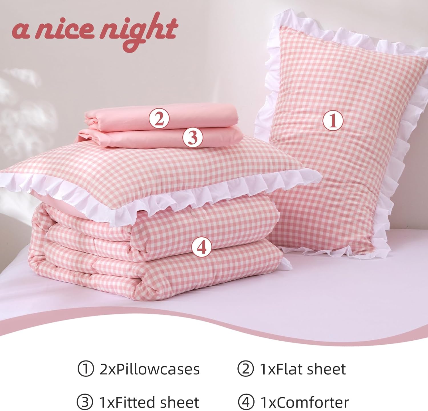 A Nice Night 5 Pieces Lightweight Soft Rustic Pink Ruffle Comforter, Plaid Checkered Chic Bedding Comforter Set for Queen Bed