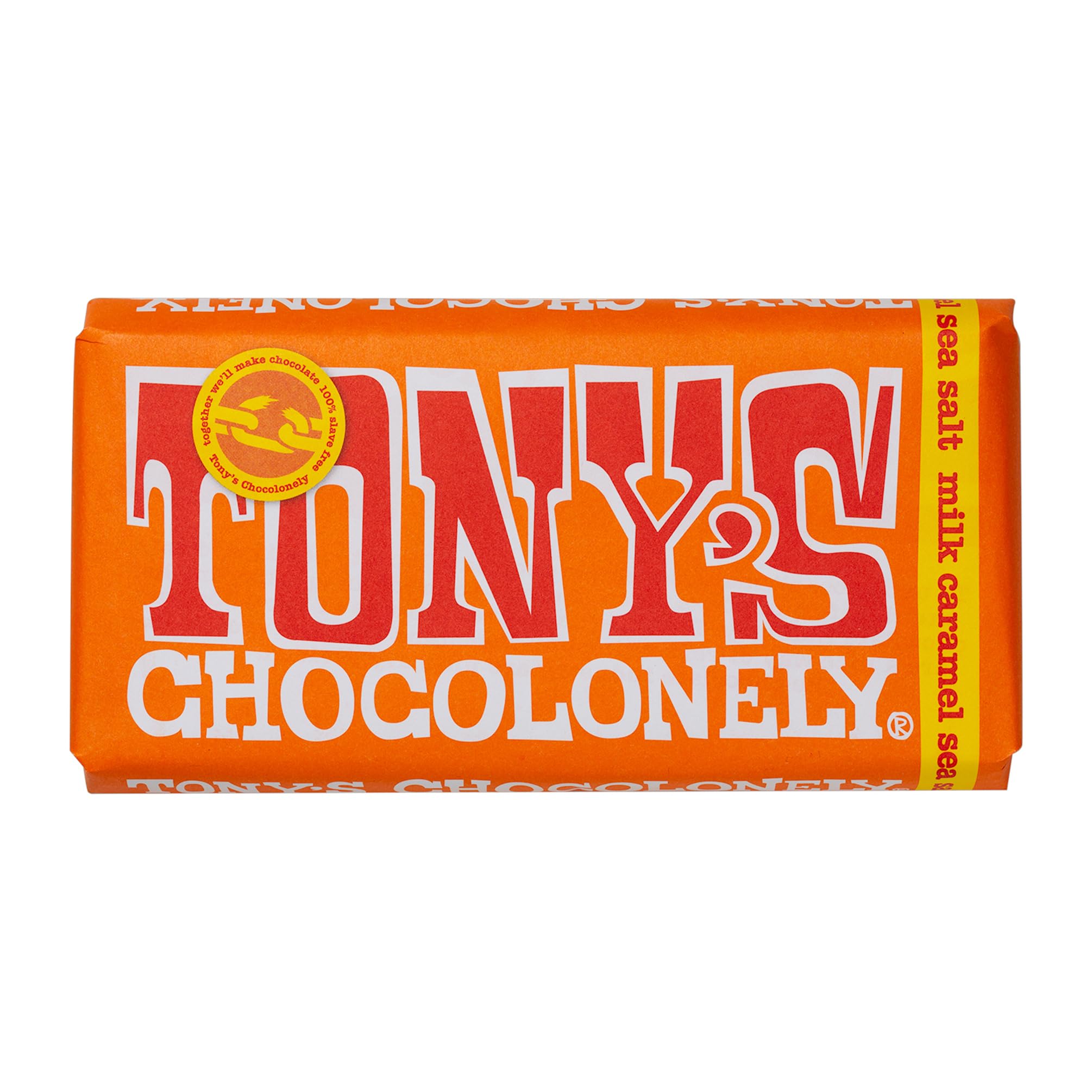 Tony's Chocolonely Milk Caramel Sea Salt Chocolate Bar - 180g Belgian Fairtrade Chocolate, Gift, 32% Cocoa, Vegetarian