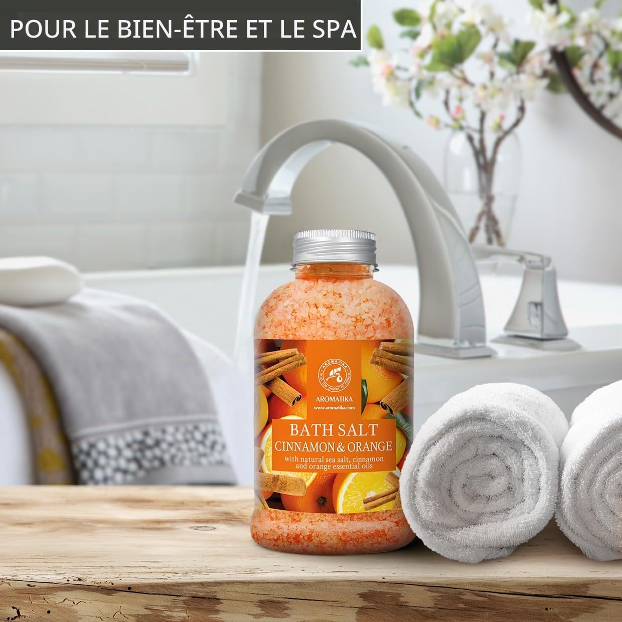 Sel de Bain Cannelle-Orange 600g - Huile Essentielle de Orange et Cannelle Naturel - Soin du Corps - Bain Relaxant - Beauté - Aromathérapie