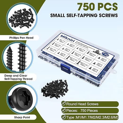 750 Tornillos Autorroscantes M1.7-M3 Phillips Cabeza Plana Acero Carbono miniatura 4