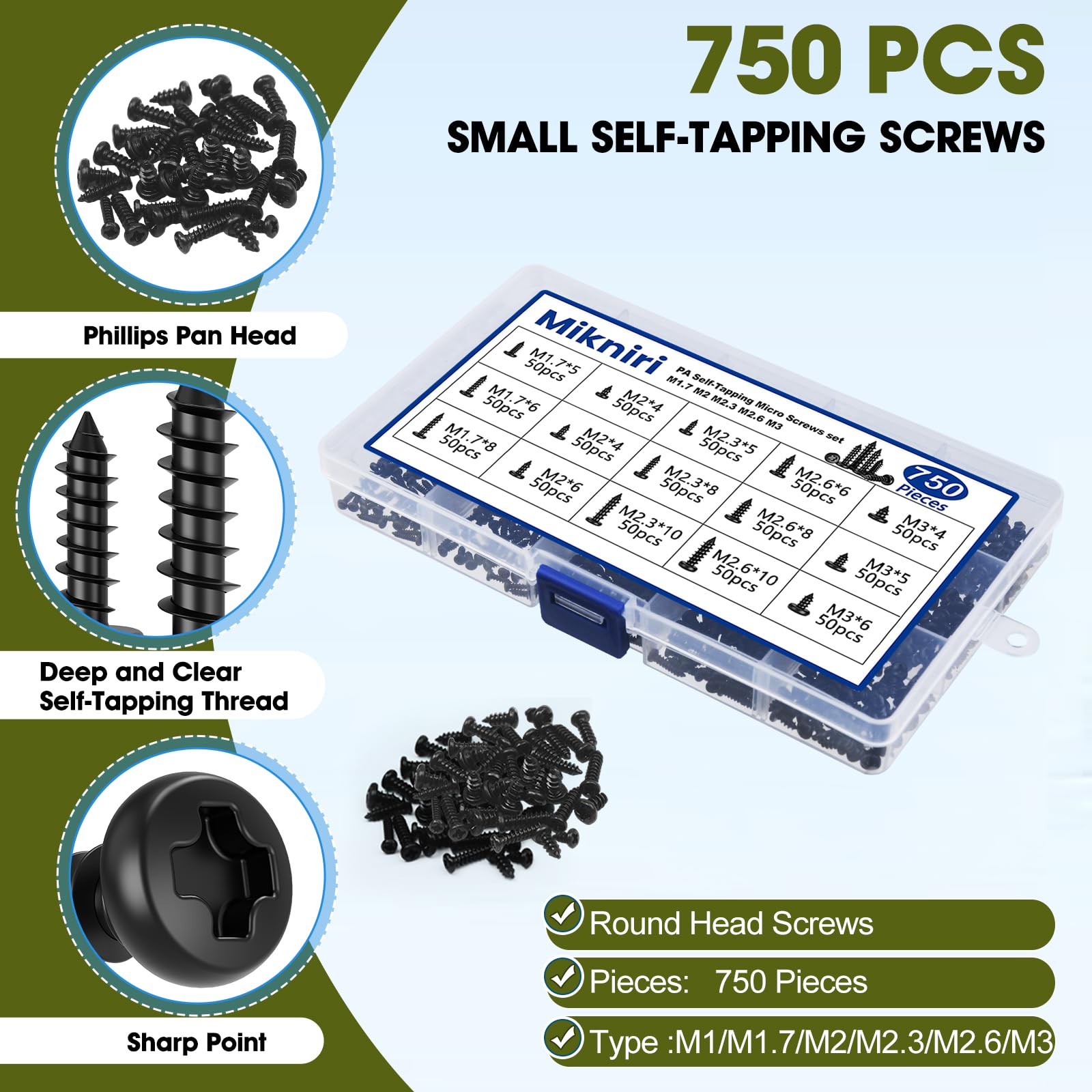 750 Self Tapping Screws - M1.7-M3 for Plastic & Metal -4