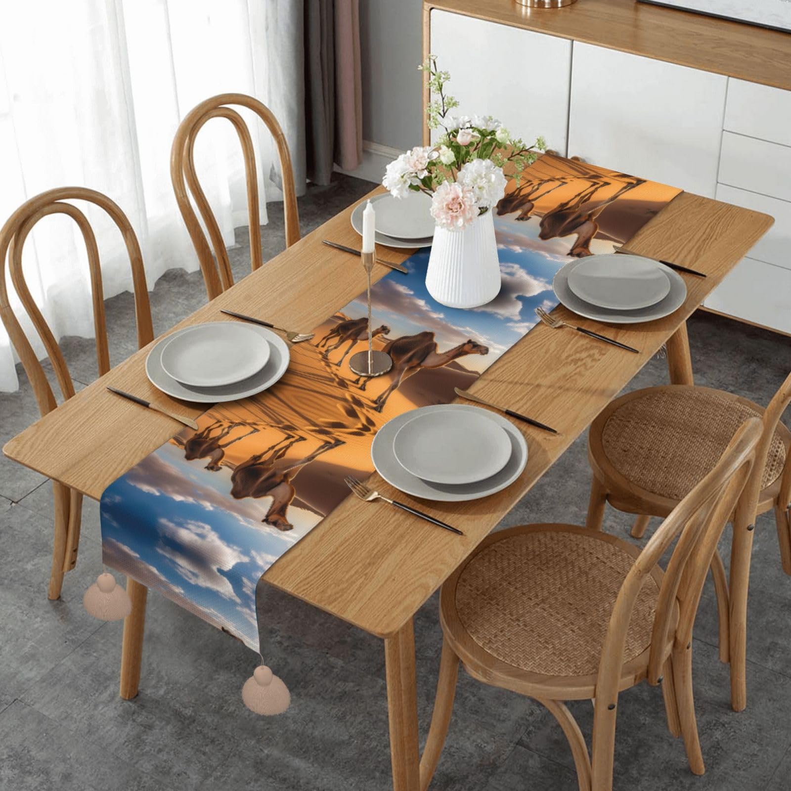 Chemin de table imprimé camel polyvalent pour nappe de mariage et buffet style ferme