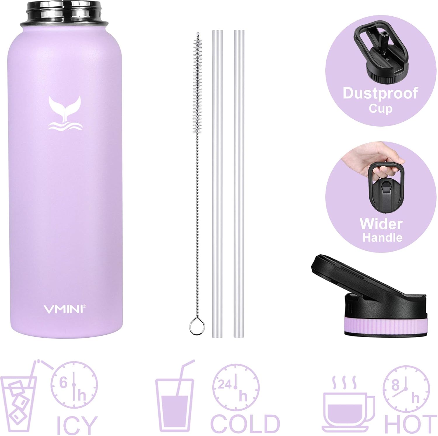 Vmini Water Bottle with Straw, Wide Sturdy Straw Lid with Dust Proof Cap, Wide Mouth Vacuum Insulated Stainless Steel Water Bottle, 32/40 oz