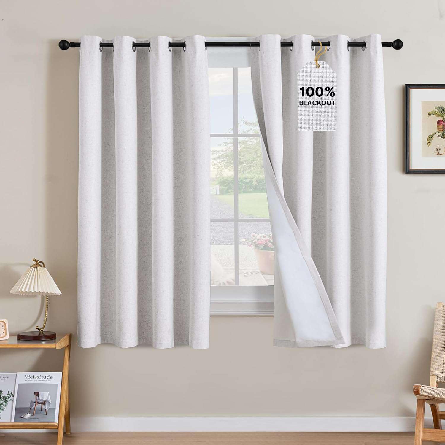 H.VERSAILTEX Linen Curtains 100% Blackout Curtains for Bedroom 63 inch Long Full Light Blocking Nature Linen Blended Window Curtains for Living Room Nickel Grommet (2 Panels, Heathered White)