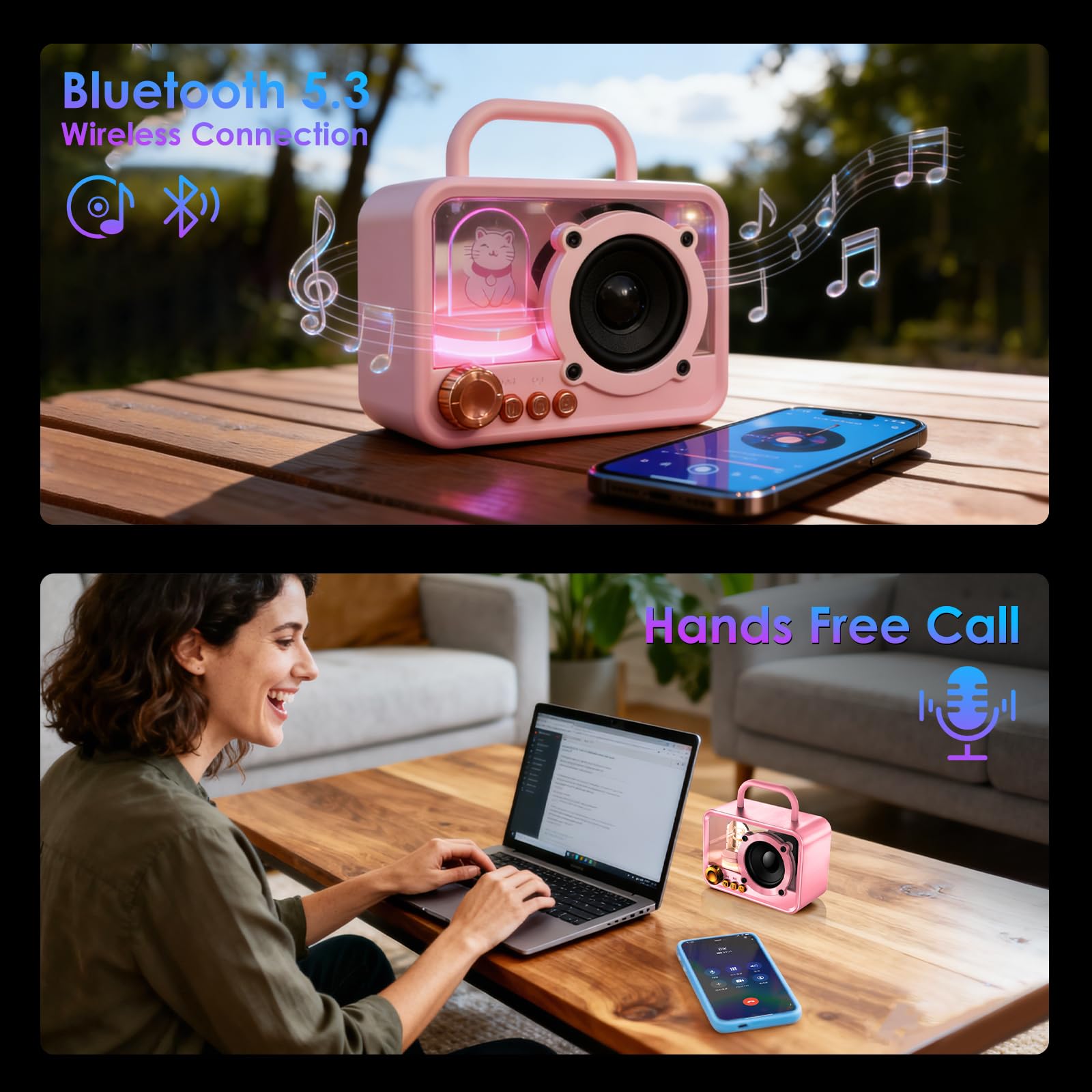 Altoparlante Bluetooth portatile con luci RGB, suono stereo, bassi potenti, mini altoparlante Bluetooth wireless, stile carino e alla moda per cucina, scrivania, camera da letto, ufficio