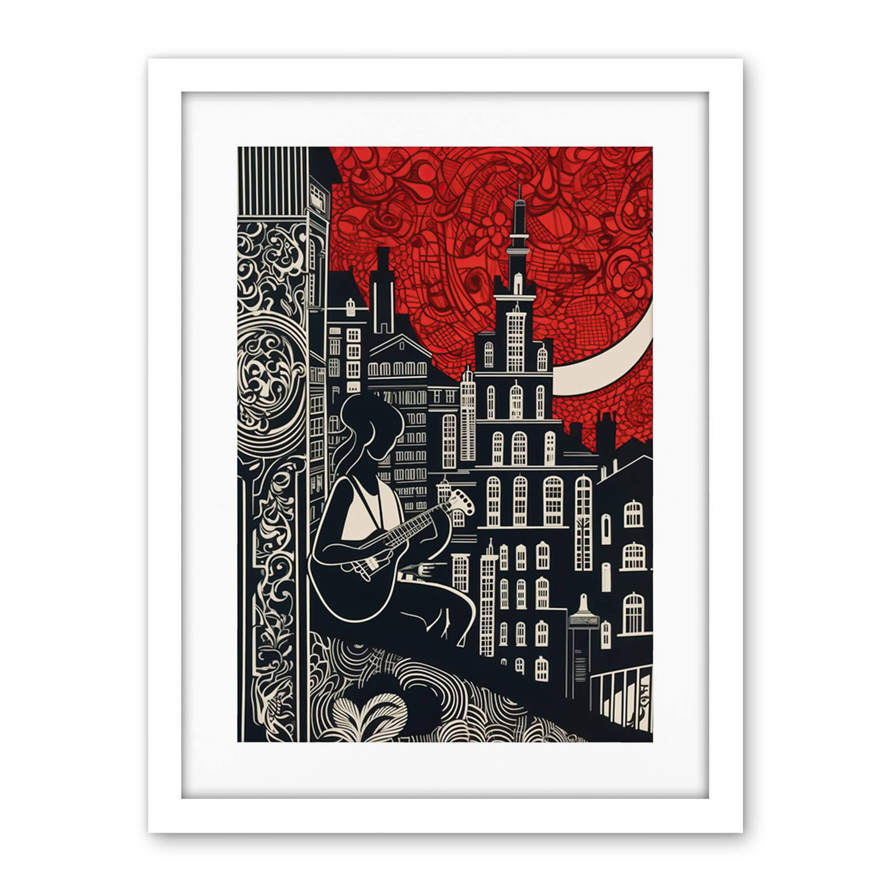 Artery8 Street Musician Guitarist in Edinburgh Cityscape Artwork Framed Wall Art Print 18X24 Inch