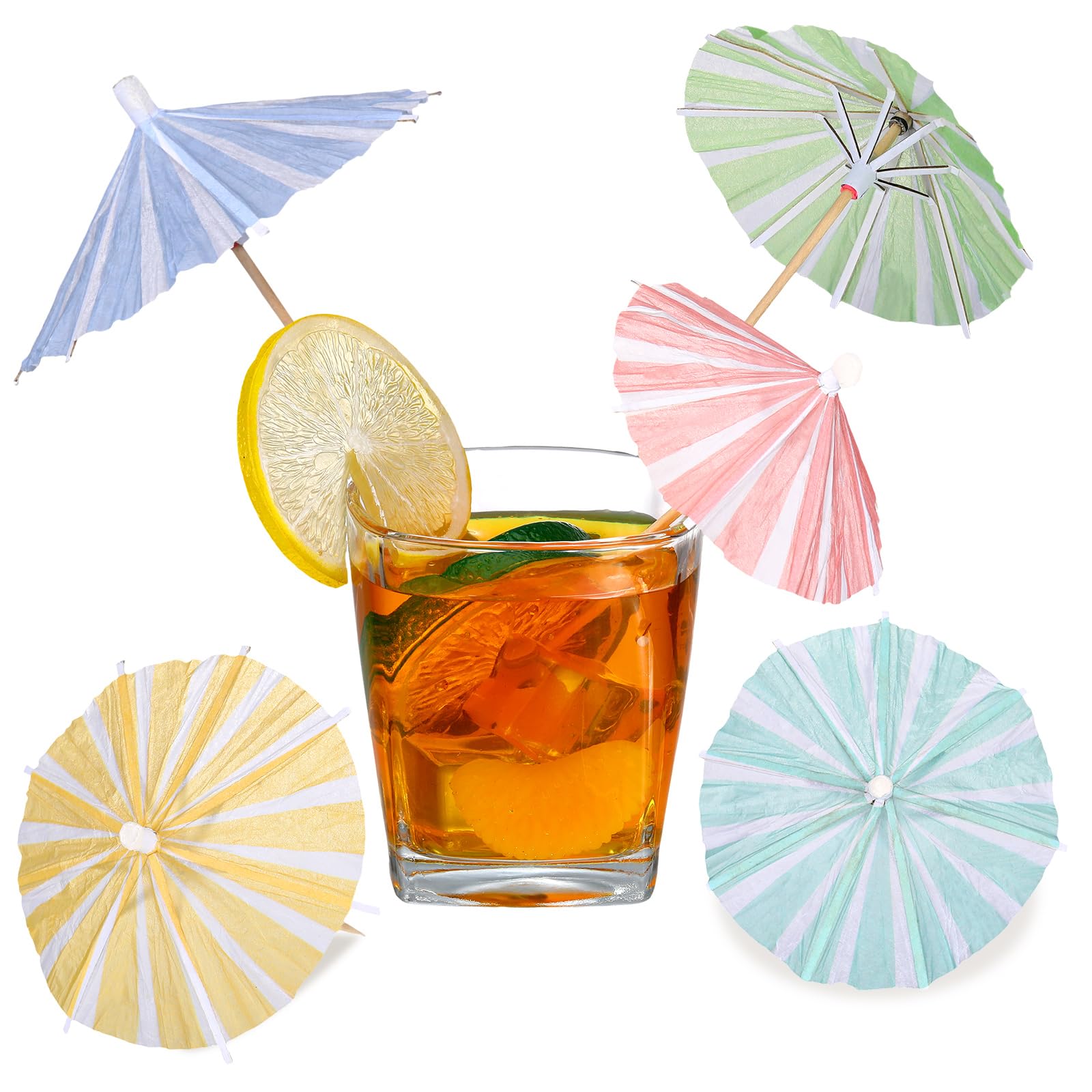 CunhillCunhill 150 Pcs Drink Umbrellas Cocktail Picks Vertical Stripes Mini Umbrellas for Drinks Paper Parasol Cocktail Sticks with Wood Toothpicks for Summer Hawaiian Party Decoration Cupcake Toppers