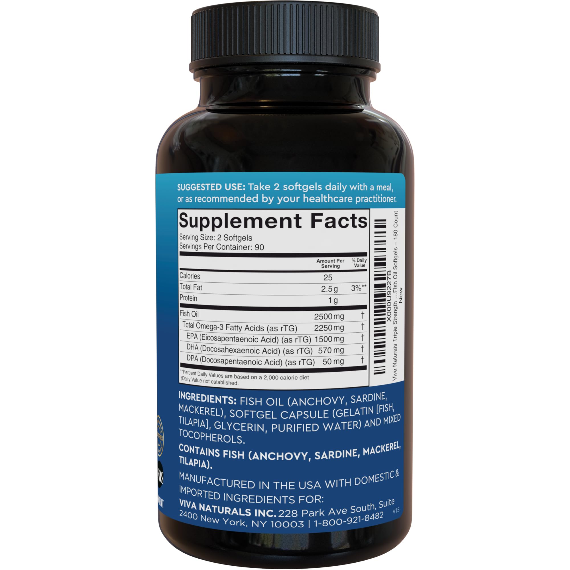 Viva Naturals Omega 3 Fish Oil Supplement for Women and Men - 2500 mg Triple Strength Fish Oil per Serving with Omega 3 Fatty Acids Including EPA, DHA DPA - 180 Pescatarian-Friendly Softgels — Amazon image 10