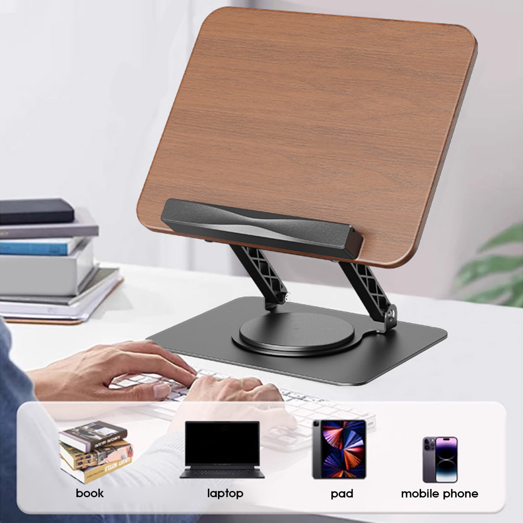 Support de livre pour la lecture, support de livre réglable pour la lecture, pliable avec bases rotatives à 360° et clips page élastiques, pour cuisine, tablette, magazine
