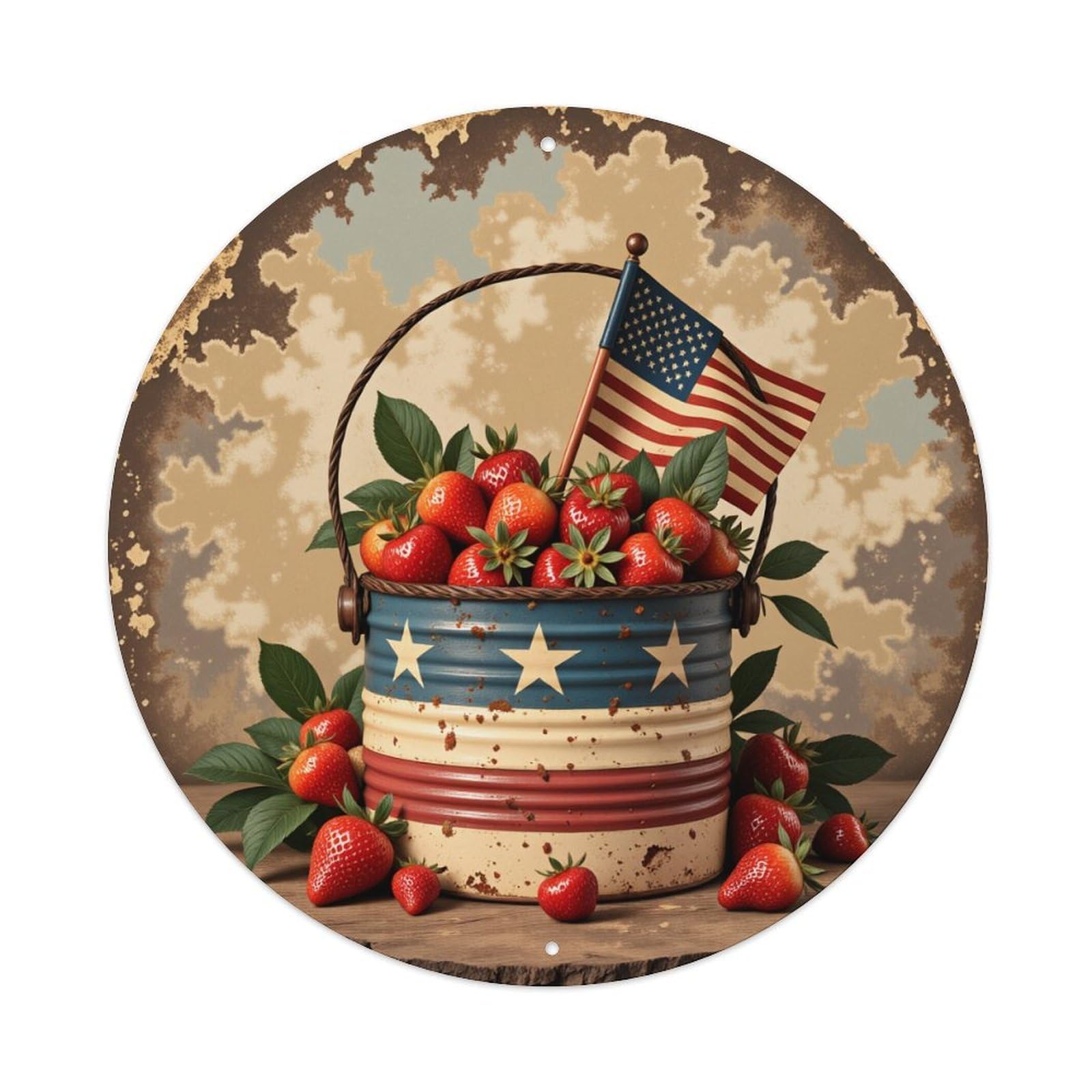 American Flag Stars Stripes Rustic Bucket Round Tin Sign Vintage Metal Poster, Home Bar Garage Man Cave Cafe Indoor & Outdoor Wall Decoration 8x8Inches