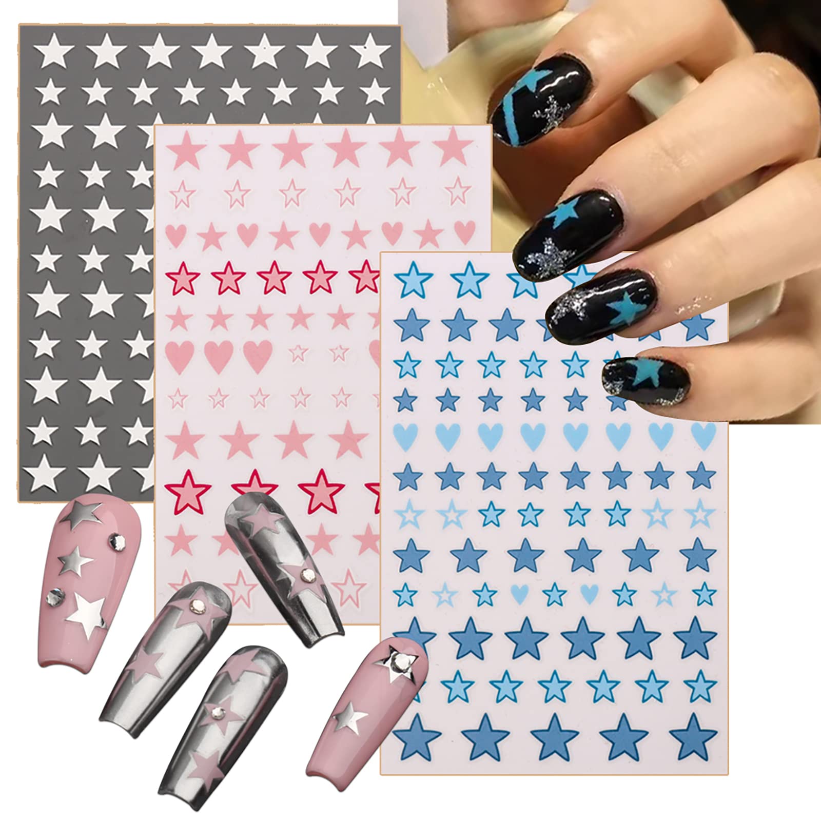 Star Nail Art Stickers, Heart Nail Decals 3D Self-Adhesive Color Star, Heart Love Nail Design DIY Acrylic Nail Art Manicure Accessories for Women Girls Kids Nail Decoration (6Sheets)
