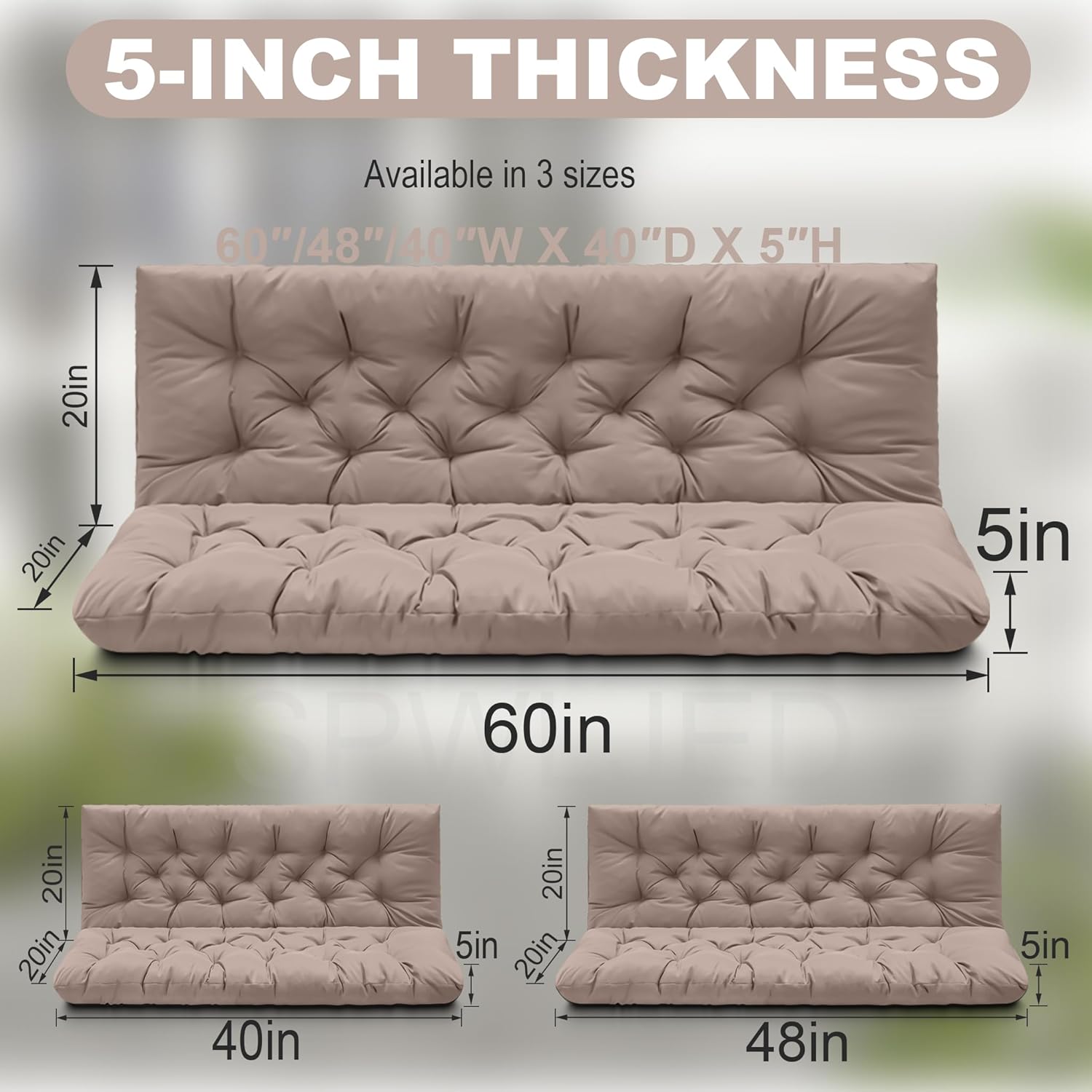 Porch Swing Cushions, Outdoor Swing Cushions Replacement Cushions 3 Seater with Backrest, Waterproof Bench Cushion with Ties,for Patio,Porch, Garden,Backyard(Khaki,60x40x5in)