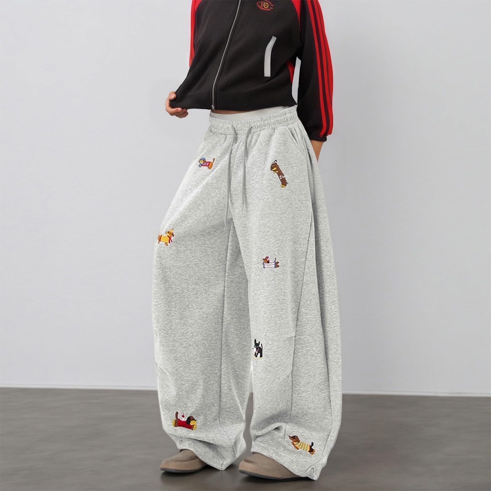 Pantalon de jogging baggy pour femme - Motif teckel - En coton - Cordon de serrage - Pantalon de loisirs Y2K Streetwear - Avec poches - Pantalons de jogging Baggy Joggers pour femme