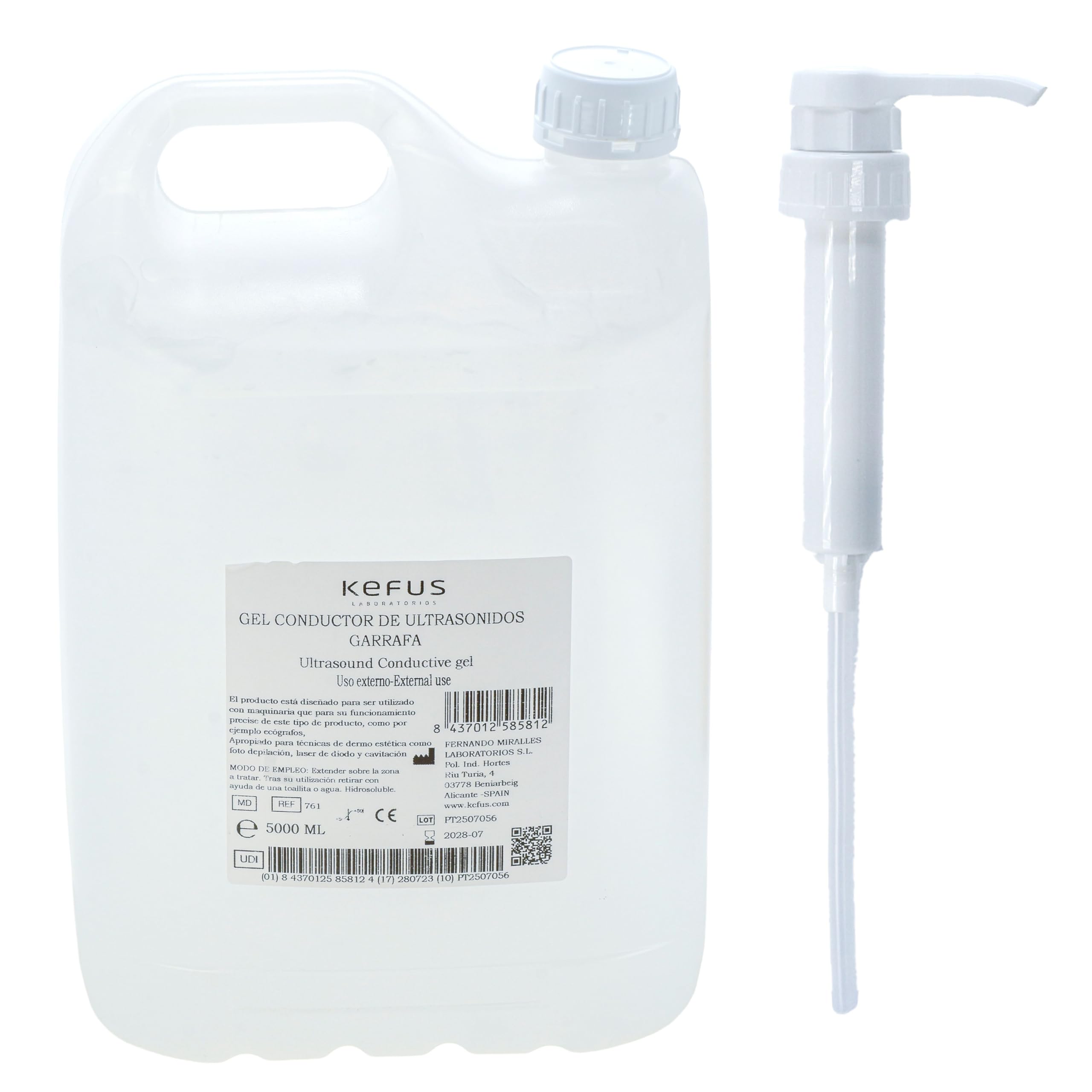 KEFUS Gel Conducteur pour Ultrasons 5L | Bidon + pompe doseuse | Gel médical et esthétique pour échographie, radiofréquence, IPL et cavitation | Haute conductivité et précision