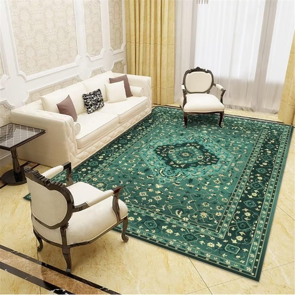 Tapis fin de salon vert foncé motif botanique durable et facile à entretenir