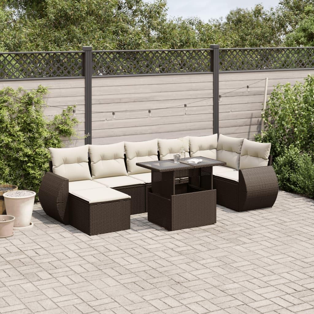 Set Divani da Giardino 8 pz con Cuscini Marrone in Polyrattan Resistente per Relax e Pranzo su Terrazza, Patio e Veranda, Modulare e Impilabile, per Ospiti e Famiglia