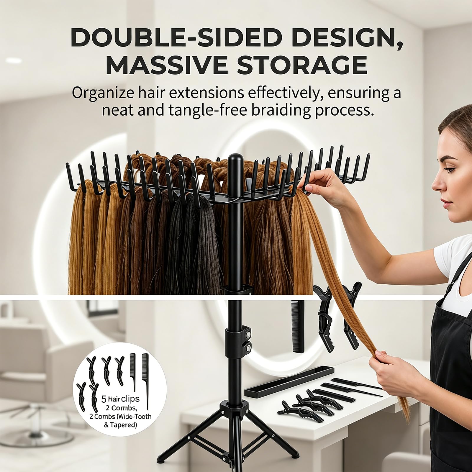 Braiding Hair Rack Support pour extensions de cheveux réglable en hauteur et pliable, 144 stylos, avec pinces à cheveux + peignes, support de perruque, pour coiffeurs et tresses, noir